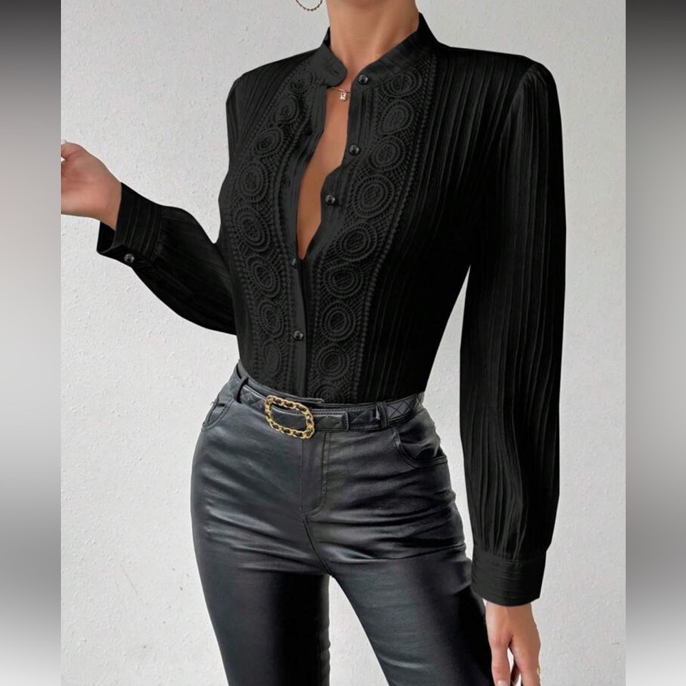 Luxe lace insert lantern sleeve blouse - Picture 4 of 6